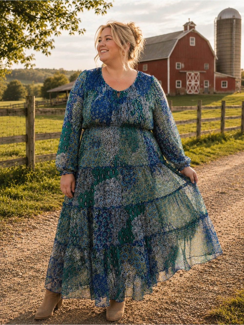 Kate & Lily Blue & Green Floral Tiered Maxi Dress — Elegant Boho Style